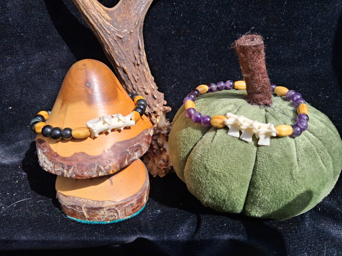 Snake vertebrae and gemstone bracelet